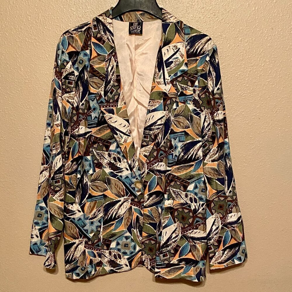 San Moire Blazer Jacket Women's Size 14 Multicolor Floral Long Sleeve Vtg 80's